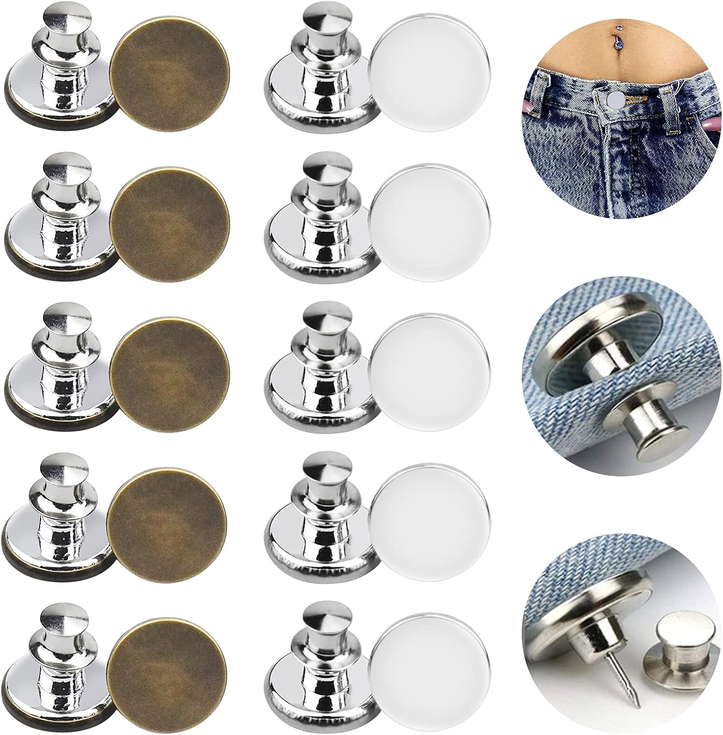 Komoyo Button Pins for Jeans 20 Pcs, Jean Button Replacement for Women, 2 Styles Adjustable Jean