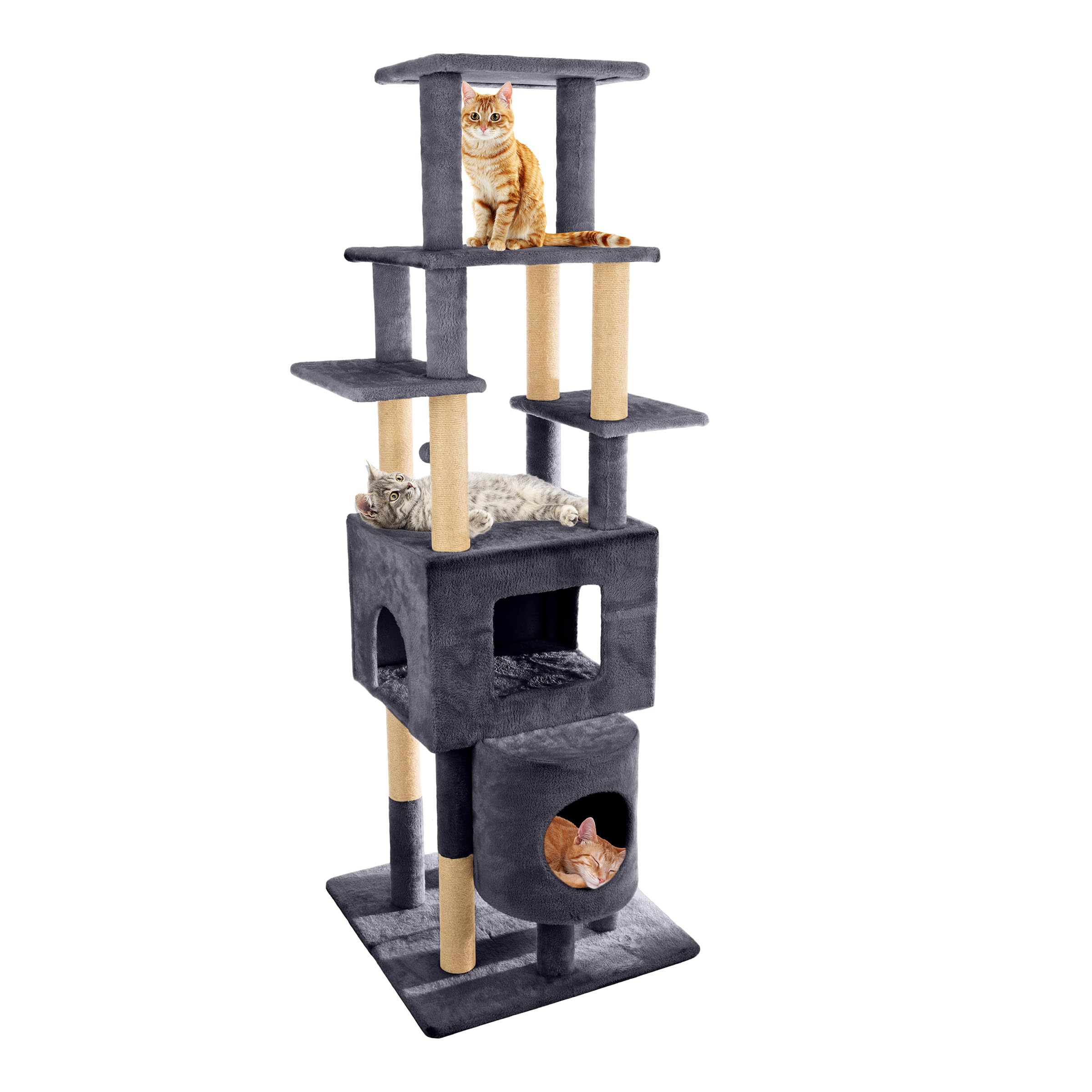 68” Tall Cat Tree Tower - Cat Tower with 2 Kitten Condos, Climbing Perches, 8 Jute Rope Scratching Posts, and Hanging Toy - Multi-Level Kitten Tree and Climbing Activity Furniture by PETMAKER (Gray)
