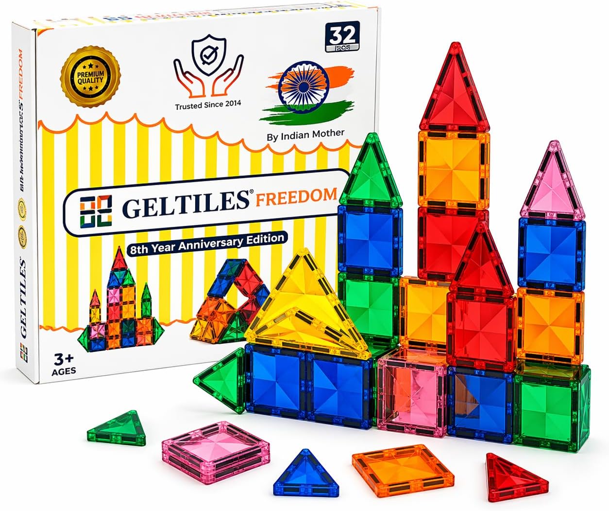 Magnetic Tiles for Kids (32 PCS) | STEM Learning Toy | Strong Magnets | Safe ABS | Creative Educational Building Blocks Toy for Boys & Girls Age 3+ | Made in India (32 Pcs Set)