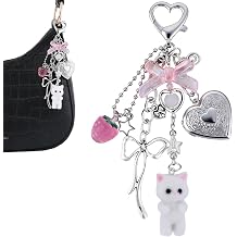 Y2k Aesthetic Silver Keychain Charms - Bag Charm Bowknot Heart Locket Photo Key Chain Accessories for Keys Purse