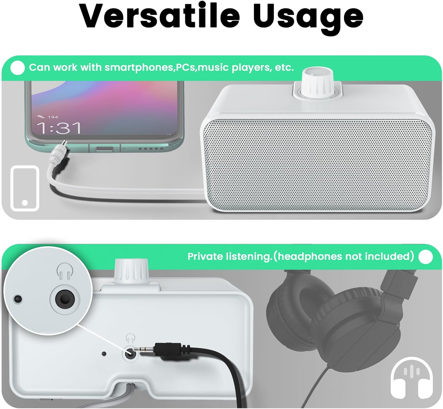 Two images showing versatile usage: speaker connected to a smartphone and headphones plugged into the speaker's jack