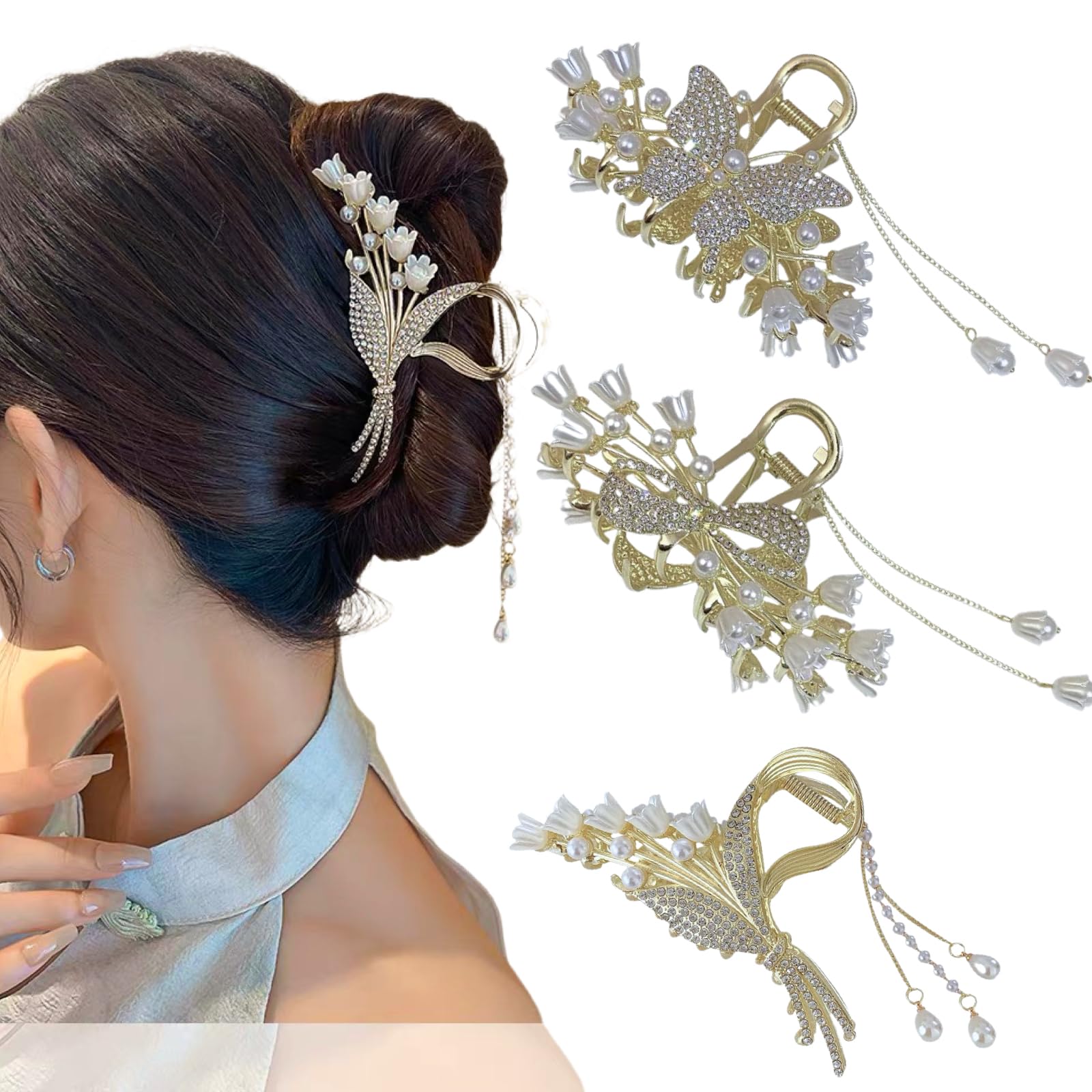 Ypkia Pinza para el pelo con flores de metal dorado y mariposa, pinzas para el pelo grandes para mujeres y niñas, accesorios para el cabello fino grueso (3 unidades)