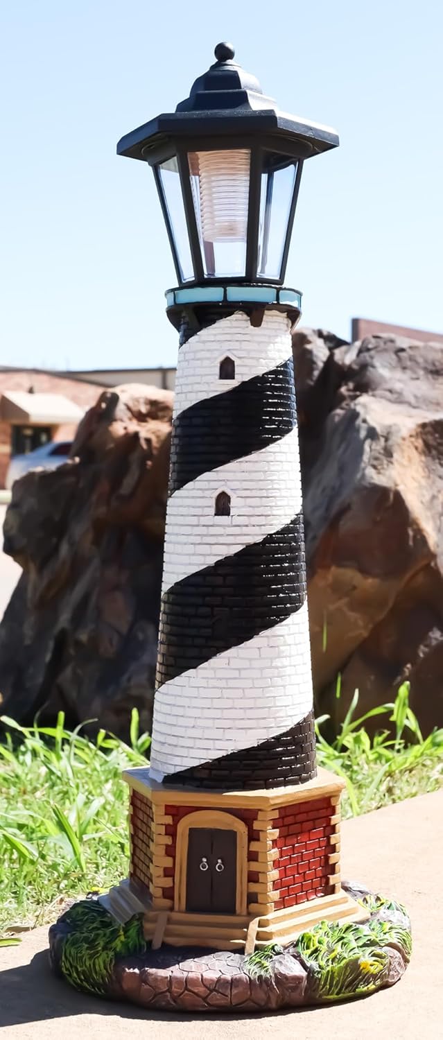 Ebros Gift Nautical Marine Ocean Navigation Scenic Cape Hatteras Lighthouse with Solar Powered Lantern LED Light Statue 20.5" Tall Patio Decor Indoor Outdoor Figurine Beacon of Hope