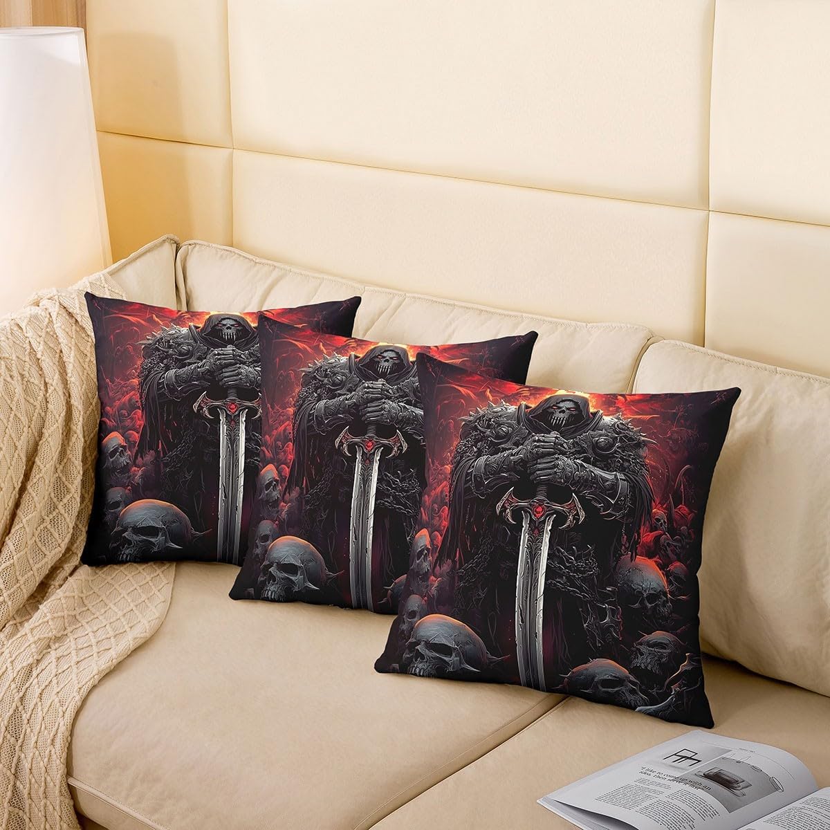 Sword Skull Throw Pillow Cover Retro Skeletons Gaming Square Cushion Case Gothic Style Decor Throw Porch Pillows Cases for Couch Sofa Living Room,Soft Pillowcases,20x20 Inches image 4