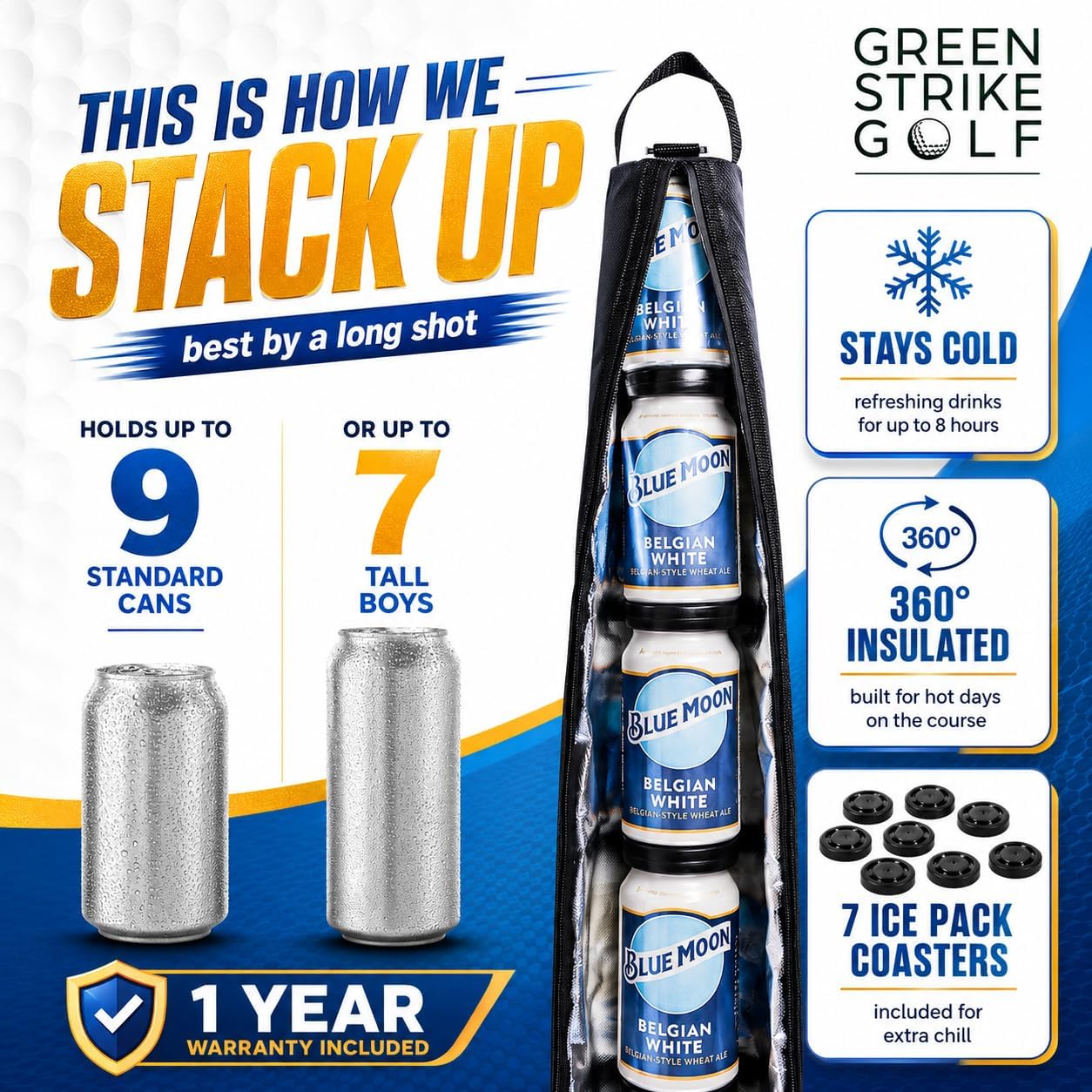 9 Can Insulated Golf Beer Sleeve with 7 Ice Pack Coolers - 8mm Thick Insulation Keeps Drinks Cold and Leak Proof Zipper – Customer-Favorite Golfing Gifts & Golf Bag Accessories image 4