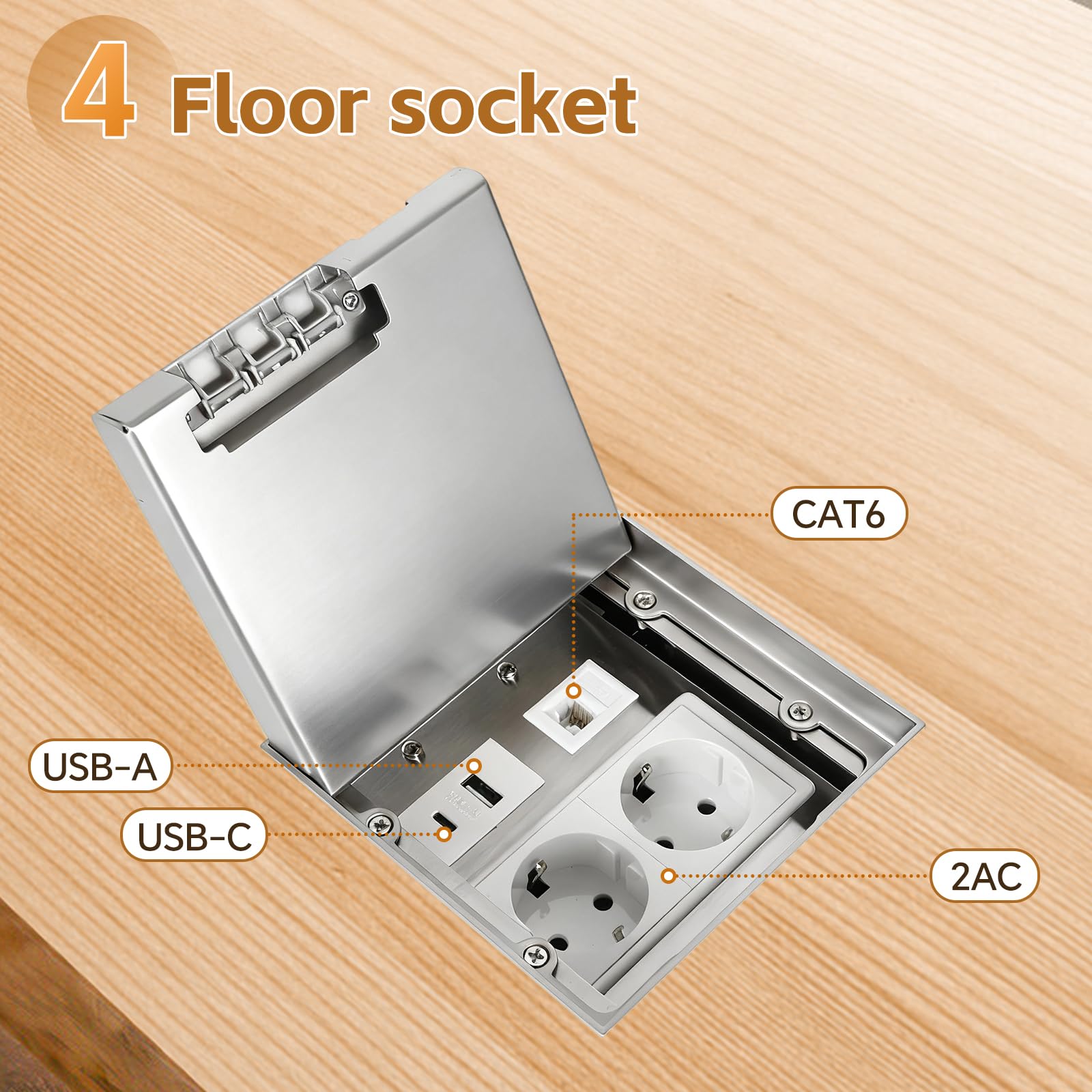 Presa da pavimento interna, presa da incasso in acciaio inox a scomparsa con 2 prese AC e USB, presa da incasso impermeabile per casa, uffici (Argento)