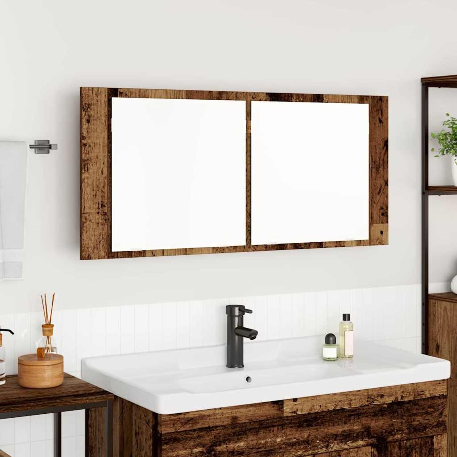 Armoire miroir LED murale en bois vieilli 100 x 45 x 12 cm avec miroir plat et portes à charnières