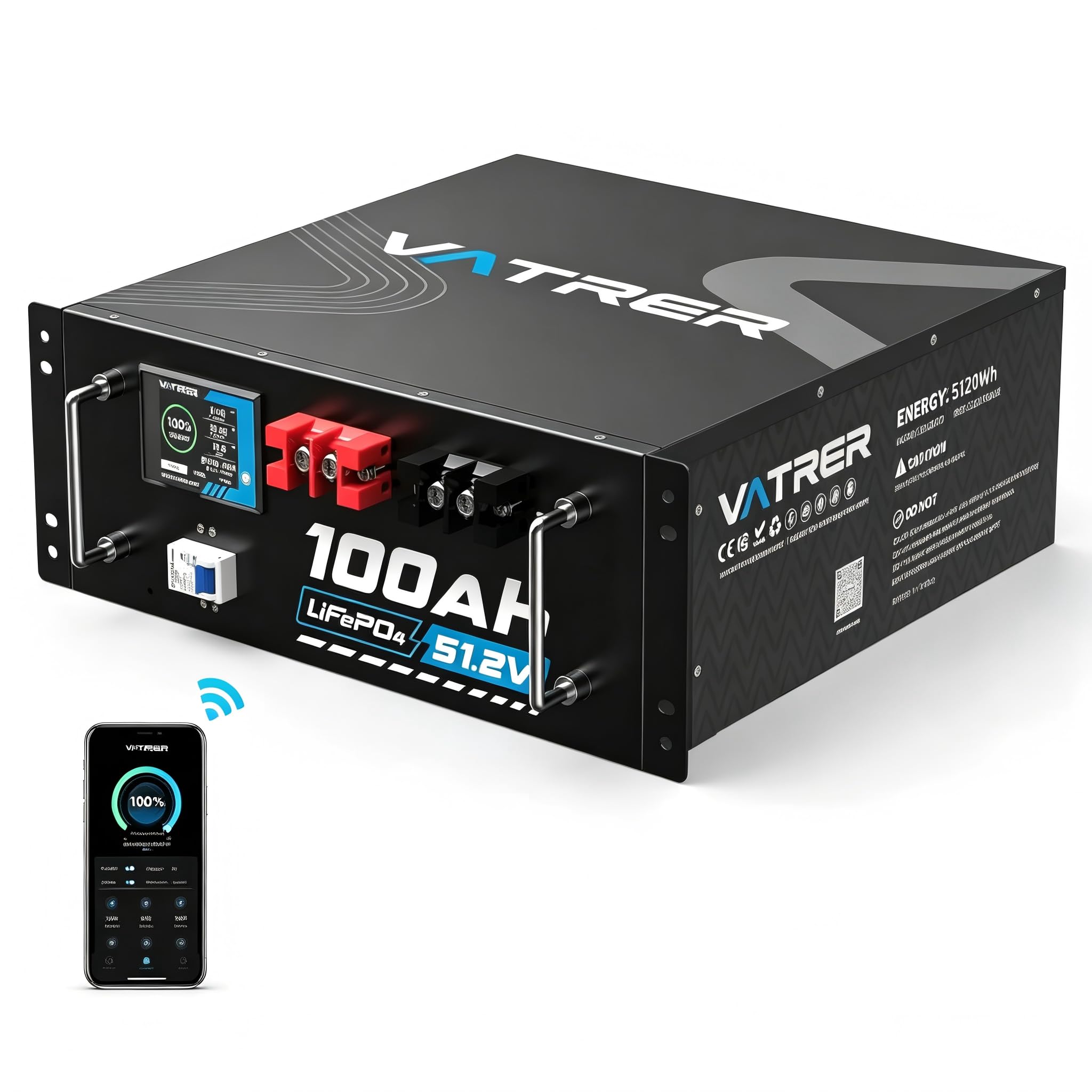 VATRER POWER Batteria LiFePO4 51,2V 100Ah Touch Display APP 100A BMS | Display touch integrato e monitoraggio completo della batteria tramite APP Bluetooth
