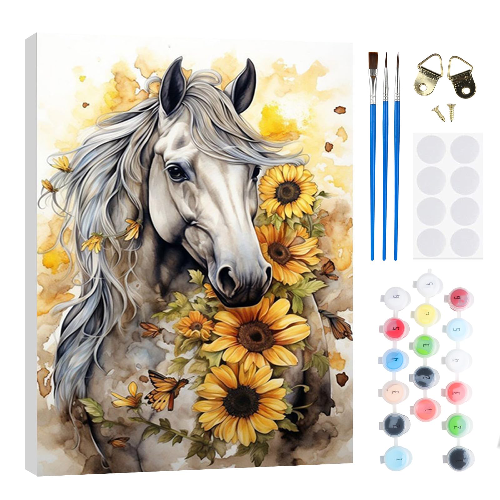 RICUVED Paint by Numbers Kits Horse Sunflower for Adults Kids,Animal Painting Kits for Beginners On Clear Symbols Canvas with Wooden Framed, Easy DIY Acrylic Pigment Drawing Paintwork 20x30cm