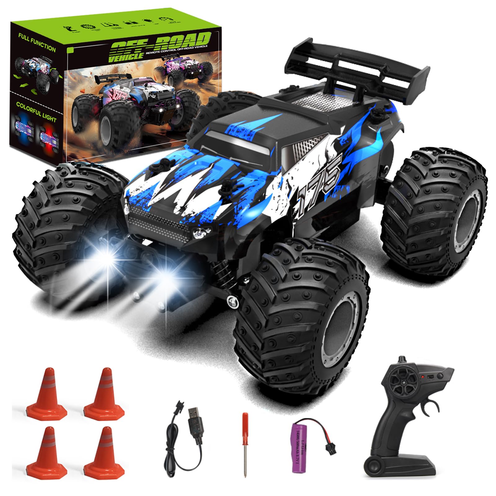 Sjpzwcrl Rechargeable Remote Control Car Toys: - Hand Controlled Monster Truck for Boy Electric Rock Crawler Toys with Colorful RC Car Body Lights and