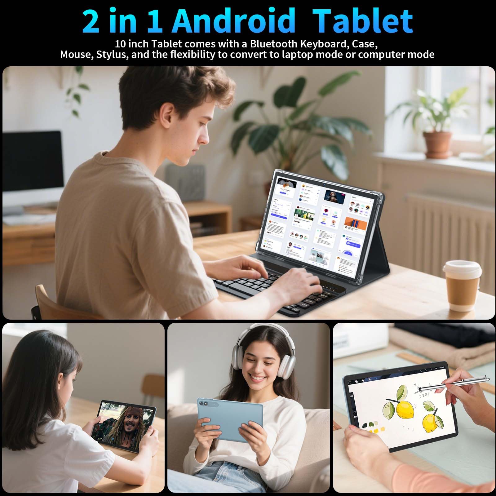 2025 Android 15 Tablet with Keyboard, 24GB+128GB+2TB Expand, 10 Inch Octa-Core 2-in-1 Tablets with 5G/2.4G WiFi, 8000mAh, BT5.0, GMS Certified, with Mouse, Case, Stylus, Split Screen(Pink)
