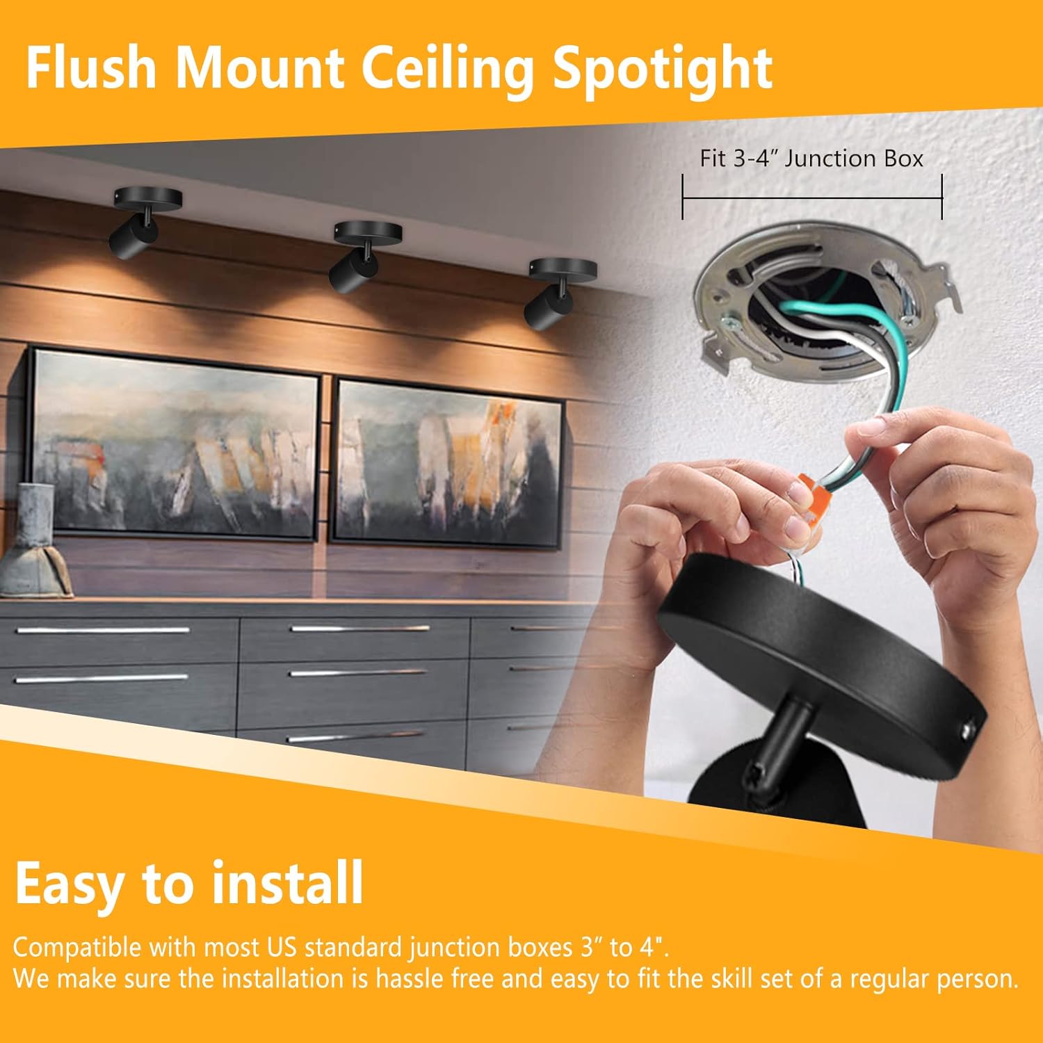 VANoopee Flush Mount LED Ceiling Spotlight Dimmable Adjustable Spotlight Directional Spot Lights Indoor Bright Can Accent Fixture for Living Room - CRI90 Flicker Free 10W 800lm 3000K Black 2 Pack