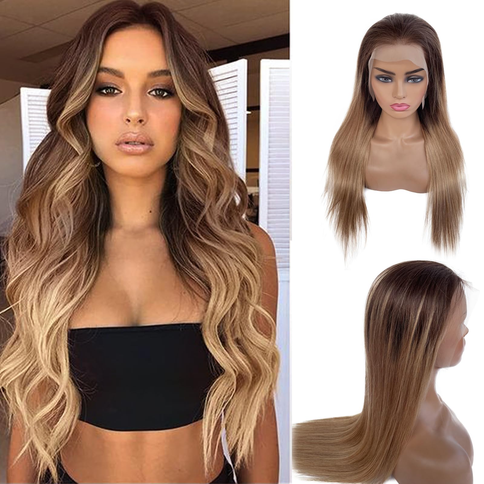 13x6 Highlight Ombre Lace Front Wigs Human Hair Straight Lace Frontal Wigs Human Hair 4/27 26Inch Glueless Wigs Human Hair Pre Plucked HD Lace Front Wig Human Hair for Black Women(#4/27A 26Inch)
