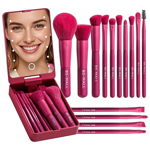 Miniatura 8 de BS-MALL - Set de brochas de maquillaje con espejo LED, 14 piezas, base en polvo, correctores, sombras de ojos, mini brochas de maquillaje (APINK)
