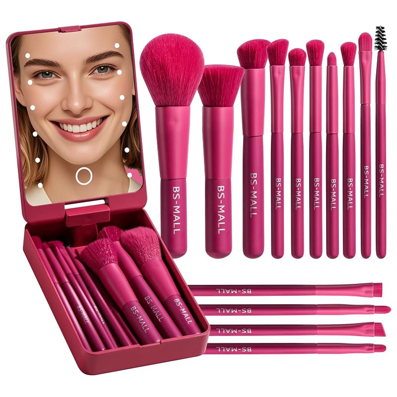 BS-MALL Kit de Pincéis de Maquiagem com Espelho LED, 14 Unidades, HotPink