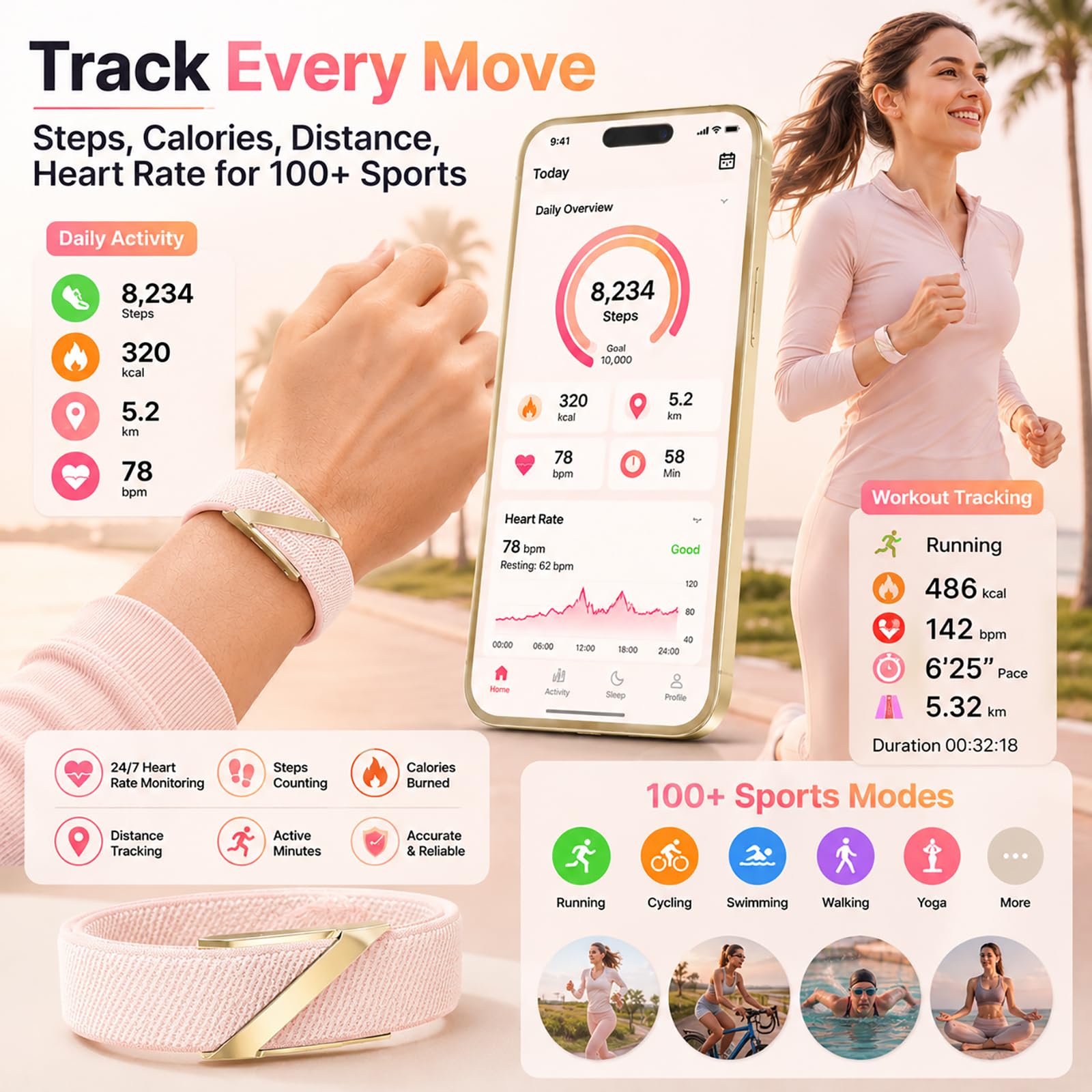 Rastreador de actividad inteligente con inteligencia artificial, monitor de frecuencia cardíaca 24/7, seguimiento multideportivo, sin pantalla, SOS y detección de caídas, impermeable y larga duración