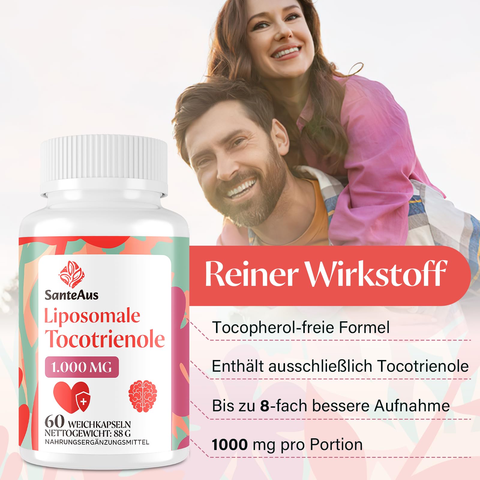 Liposomale Tocotrienole 1000 mg – Vitamin E Kapseln hochdosiert ohne Soja – Tocotrienol Vitamin E Komplex, tocopherolfrei – Antioxidativer Zellschutz – 60 Softgels