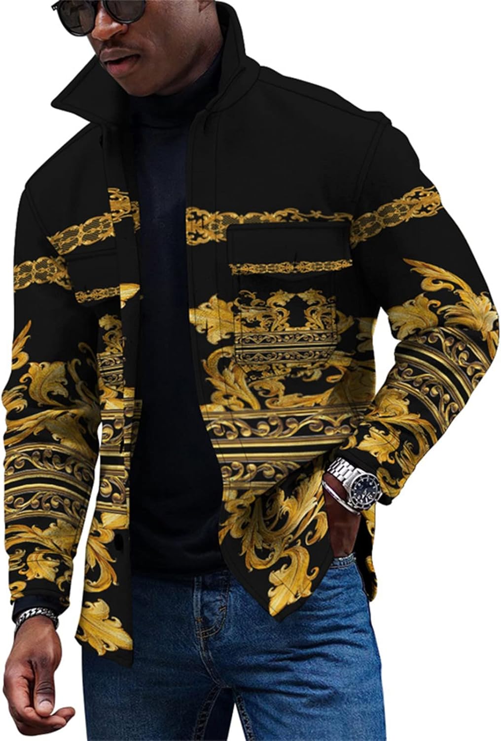 SJWCLYS Men's Vintage Shirt Jacket,Ethnic Aztec Dominican Republic