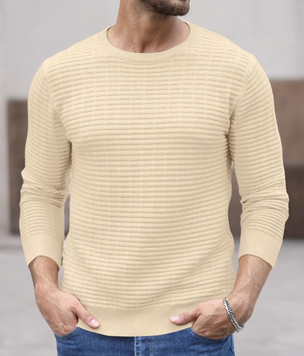 Askdeer Men's Pullover Sweater Cable Knit Crewneck Sweater Casual Long Sleeve Classic Knit Textured Sweater with Ribbing Edge - Image 7