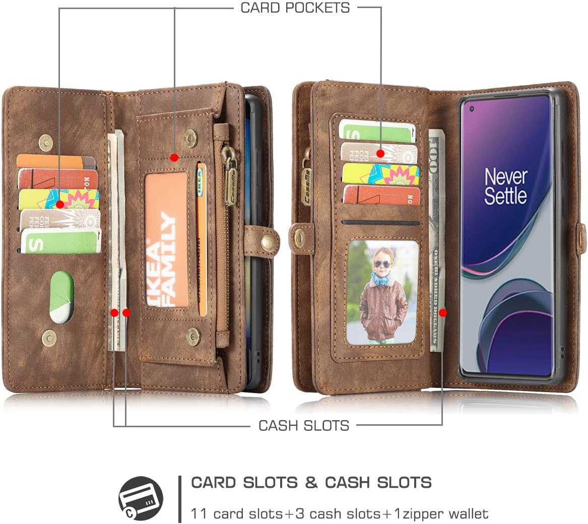 Simicoo OnePlus 9 Detachable Wallet Zipper Leather Case 11 Card Slots Holder OnePlus 9 Flip Detachable Magnetic case Handle Wrist Strap Shockproof Pocket Handbag for Man Woman (OnePlus 9, Brown)