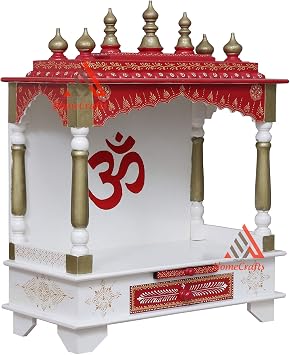 Homecrafts Wooden Handpainted Large Home Pooja Mandir without Doors and inside LED Lights White, 24x12x30 Inch
