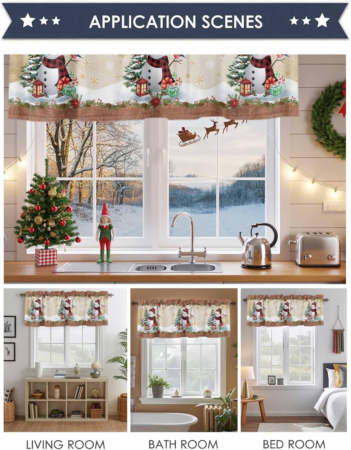 Christmas Curtain Valance 54" x 18", Snowman Valances for Window Rod Pocket Curtains Drapes, Xmas Snowman Beige Snowfalke Wooden Lace Short Topper Curtain for Kitchen Cafe Living Room, 1 Panel