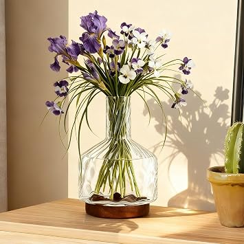 Glass Vase for Flowers, Rippled Flower Vases with Wooden Base,10inch Clear Jug Vase for Long Stem Flower or Fake Bouquet,Decorative Bottle Vase for Centerpieces Dining Table Living Room Mantel Party