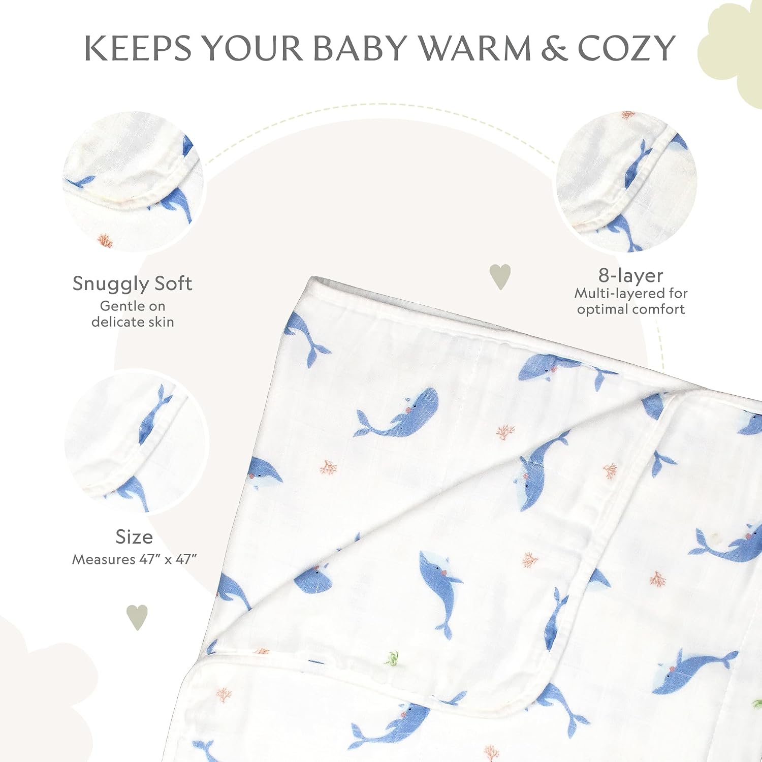 Soft Bamboo Viscose Baby Blanket, Whale, Baby Boy/Girl/Unisex, 47"x47", 8-Layers, 70% Viscose Made from Bamboo, 30% Cotton Muslin - Imported