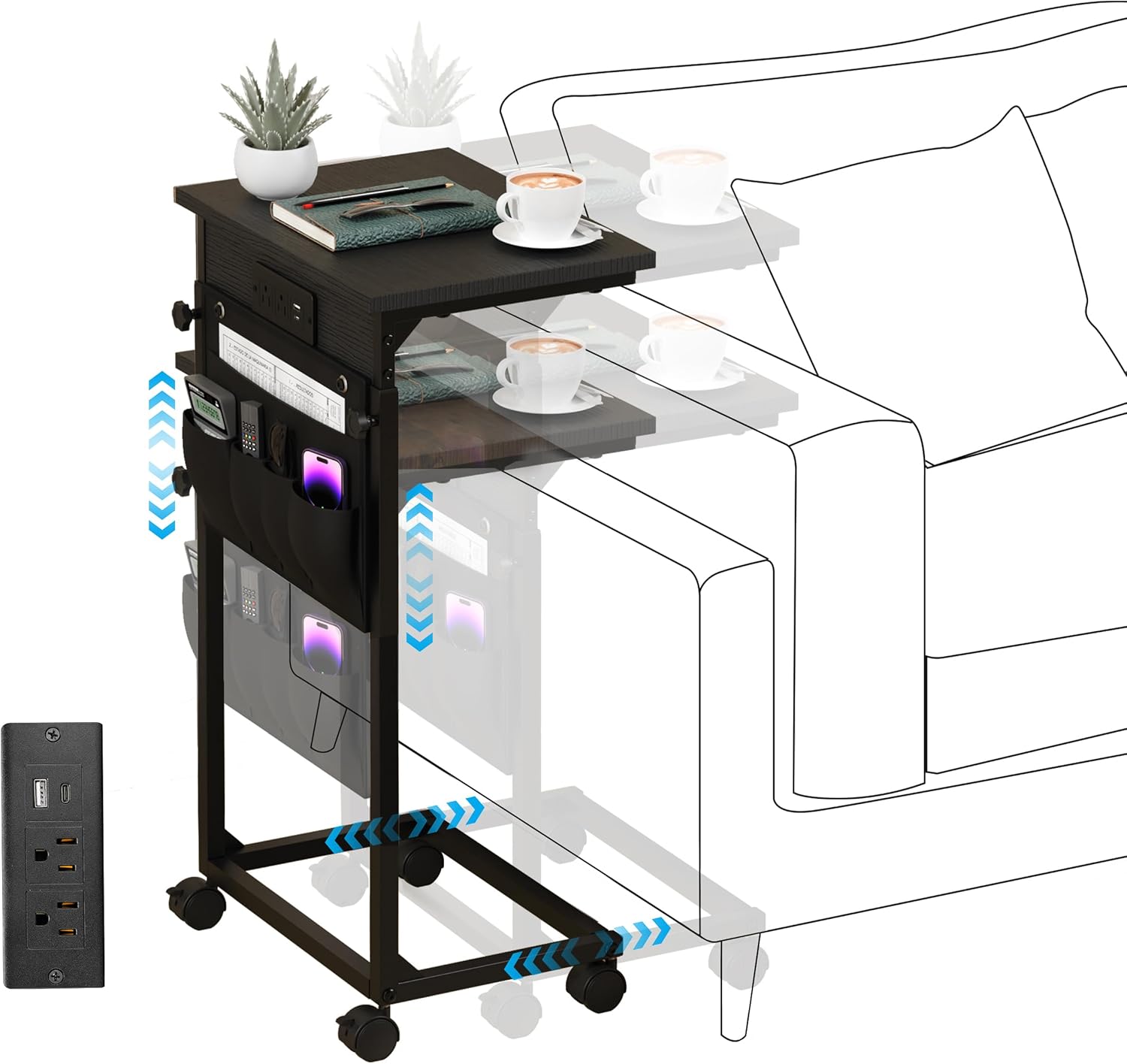 Adjustable Height Couch Table with USB-C Charging Station & Pocket Storage – Compact Couch Stand with Hooks & Wheels for Small Spaces & Living Room, Adjustable C Table (Black)