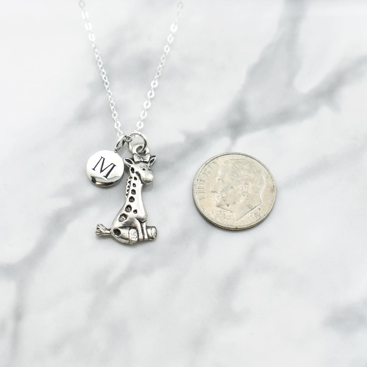 MOM & THREE DAUGHTERS Little Girl's Giraffe Necklace in Silver Pewter | Personalized with Sterling Silver Initial Charm | Sterling Silver Cable Chain
