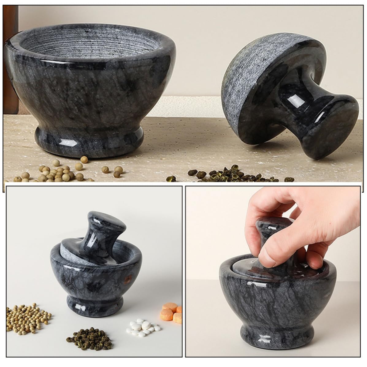 GALPADA Mortero de Mármol Cabeza de Seta Negro para Moler Pastillas y Especias, Superficie Lisa Adecuado para Cocina y Farmacias, Accesorio Práctico