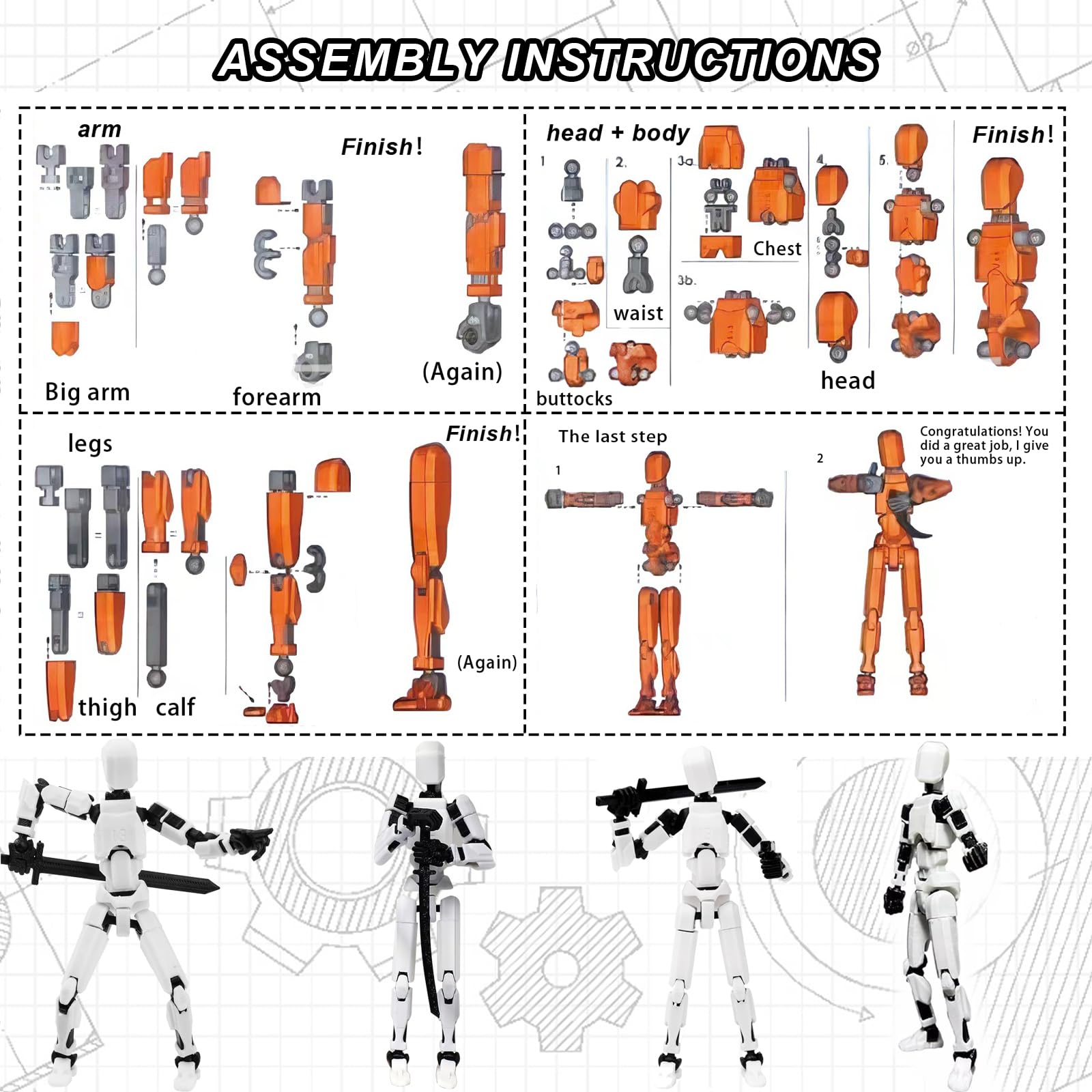 Azxndy 3D Printed Moveable Joints Robot,Finger Exercising Toys Assembly Set,Multi Joint Movable Model,Full Body Mechanical Movable Toy,Movie Character Desktop Decoration for Game Lovers (White) - Image 3