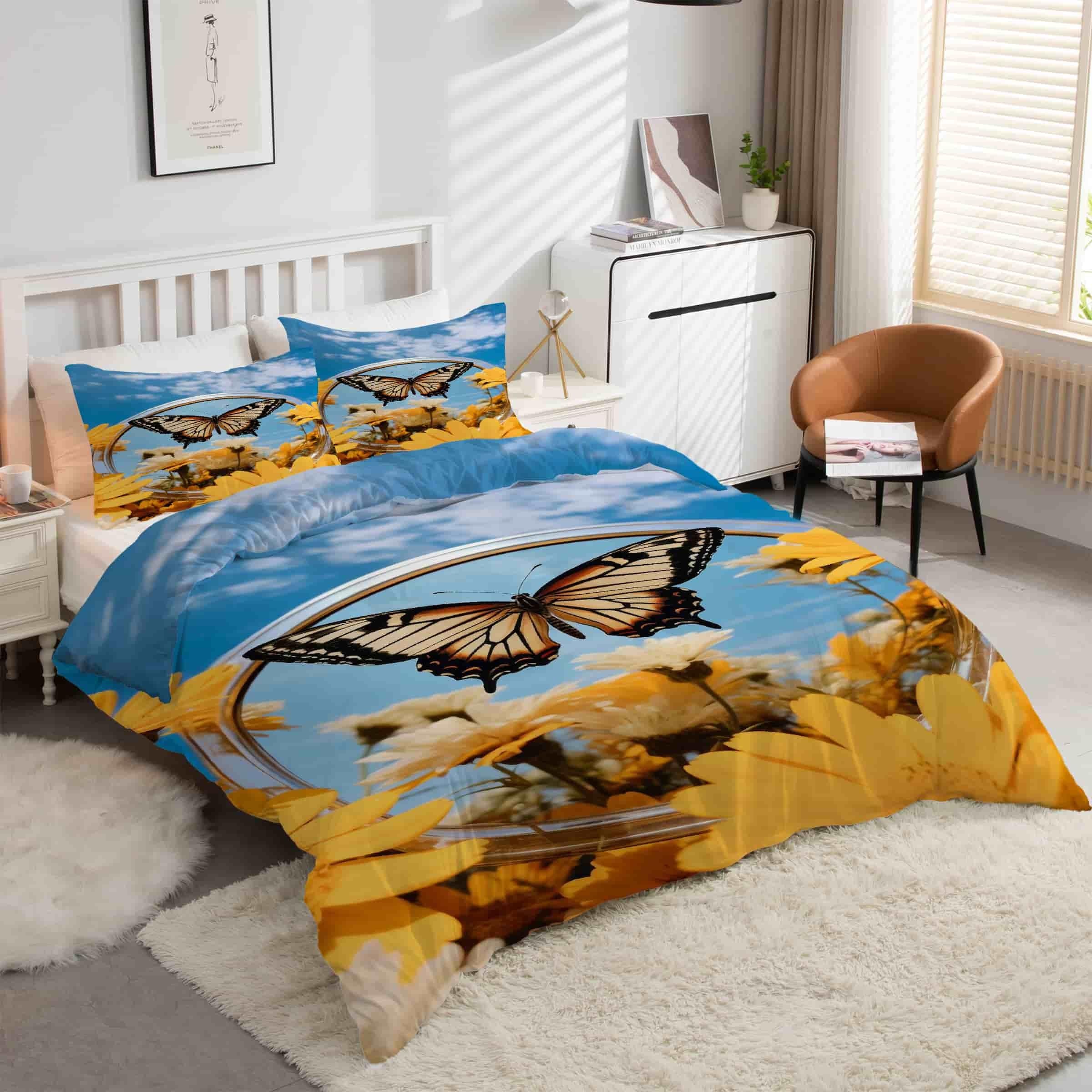 Housse de Couette 200x200 Fleur Jaune Lit 2 Personnes avec Parure de Lit 3 Pièces