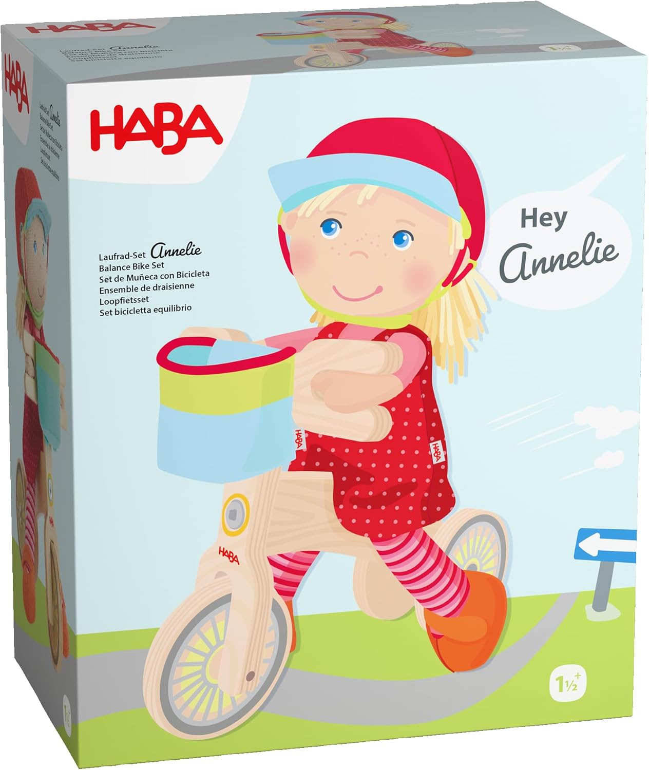 HABA Annelie 2011906001 Balance Bike Set with Annelie Doll, Wooden Wheel, Bicycle Helmet and Basket for Children from 18 Months