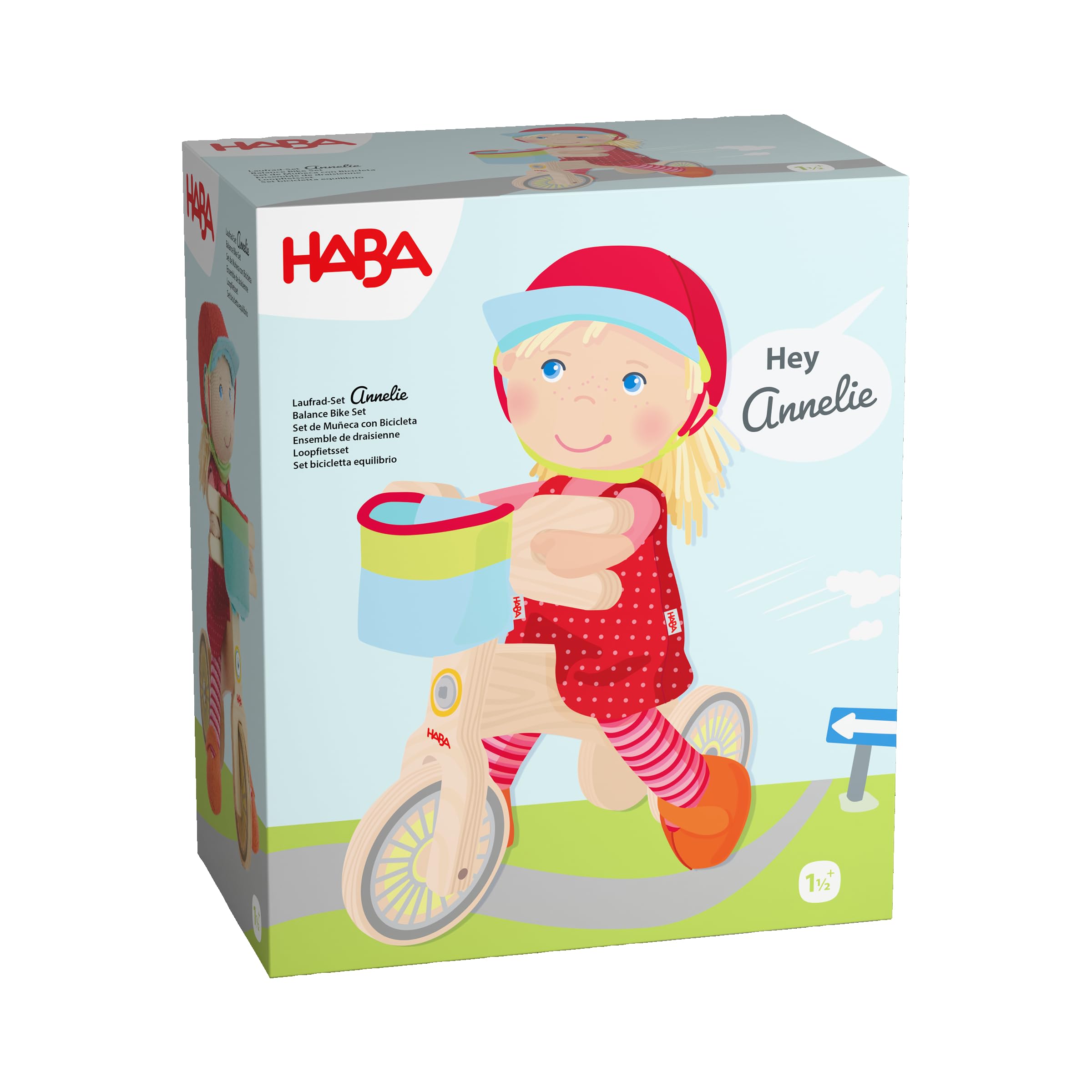 HABA Laufrad-Set Annelie – Puppen-Set mit Puppe Annelie, Holz-Laufrad ,Fahrradhelm und Korb, für Kinder ab 18 Monaten – 2011906001