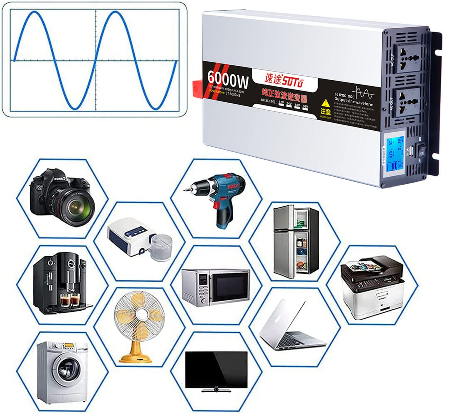 Inverter a onda sinusoidale pura da 4000 W/5000 W/6000 W, convertitore monofase da 12 V/24 V/48 V/60 V CC a 110 V/220 V CA, inverter solare fuori rete con 2 prese CA e display LCD(6000w,24Vto110V)