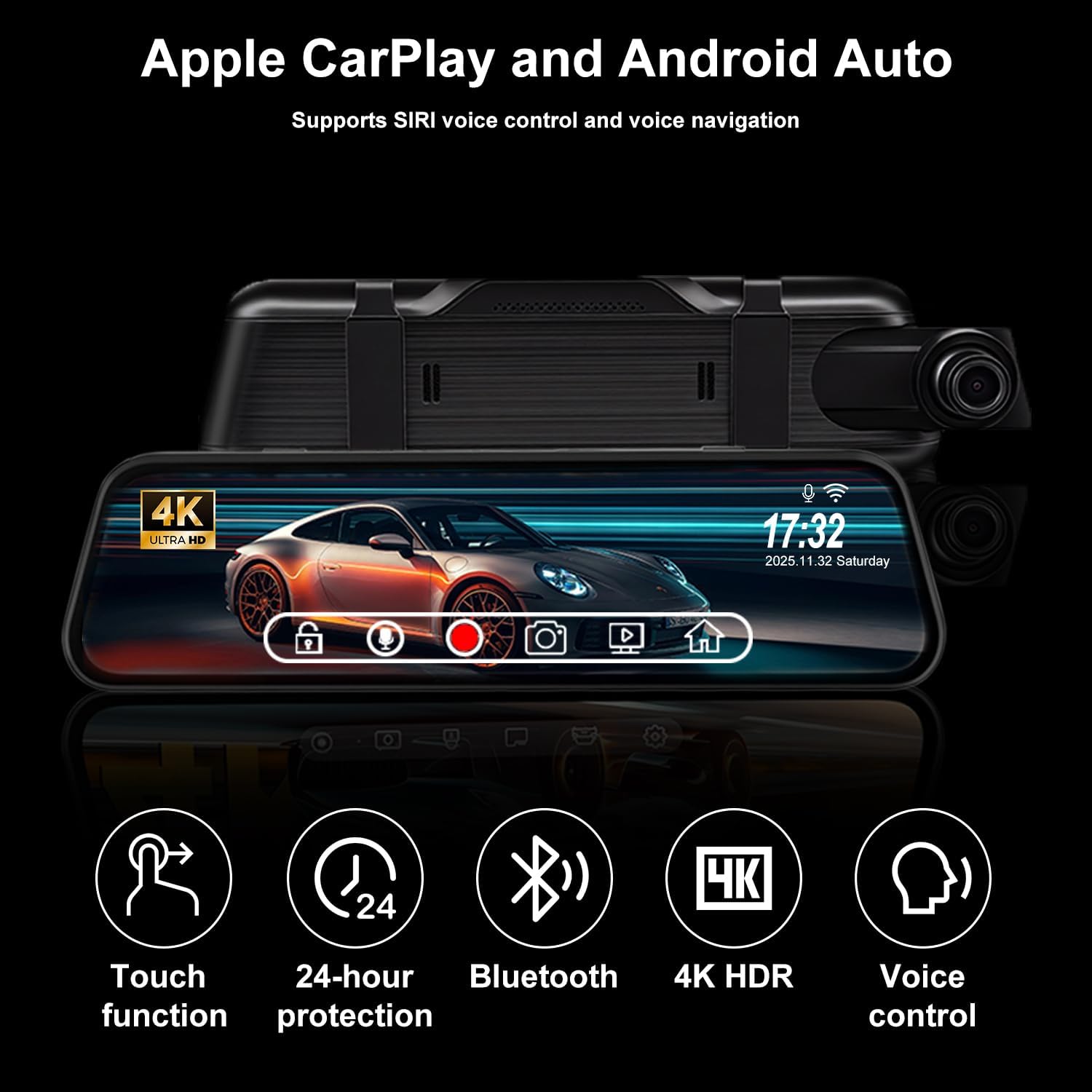 4K Mirror Dash Cam with Carplay&Android Auto,10" Rear View Mirror Camera for Cars/Trucks with Voice Control/Real 64GB Card/Touch Screen/Parking Monitor/Reverse Assist/Dual Loop Record/WDR Tech