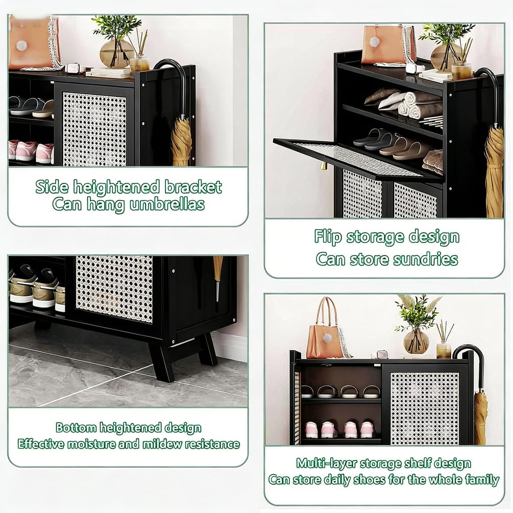 Meuble de Rangement à Chaussures Armoire D'entrée étroite Buffet Haut en Rotin étagère à Chaussures en Bambou Grand Meuble à Chaussures Autoportant