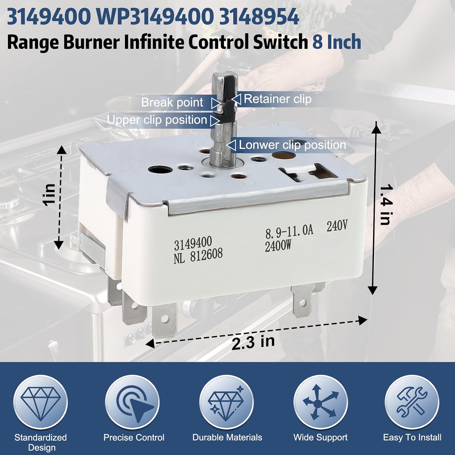 Upgrade WP3149400 3148954 3149400 3148953 3148951 WP3149404 Infinite Control Switch, for 8in Surface Buner Control Switch, Replace for Whirlpool Stove Switch, for 311858, 311859, 314140,3149400