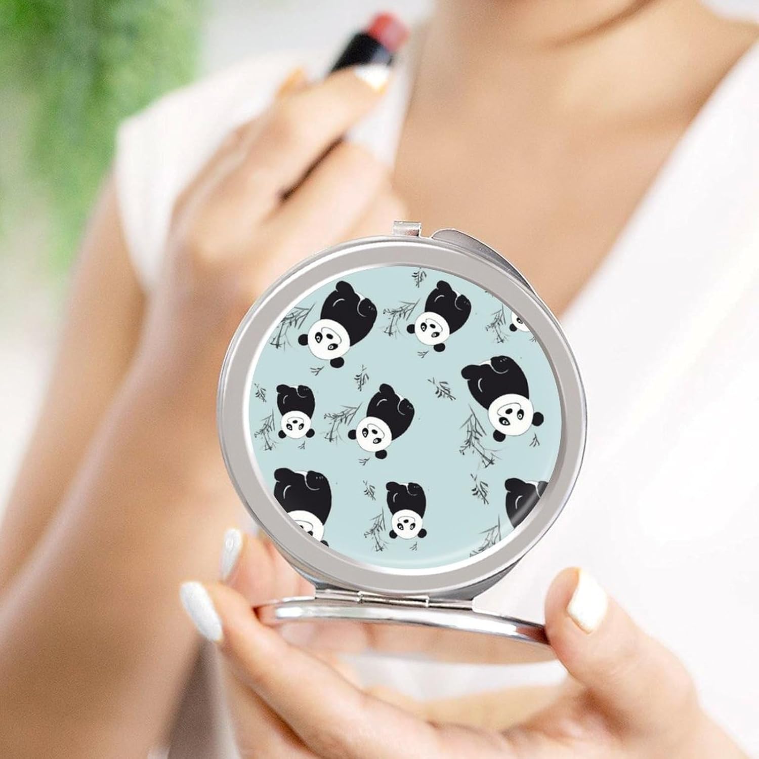 Cartoon Panda Bear Portable Makeup Mirror, Sided Travel Hand Mirror Mini Folding Mirror for Precise Makeup Women Daily Use