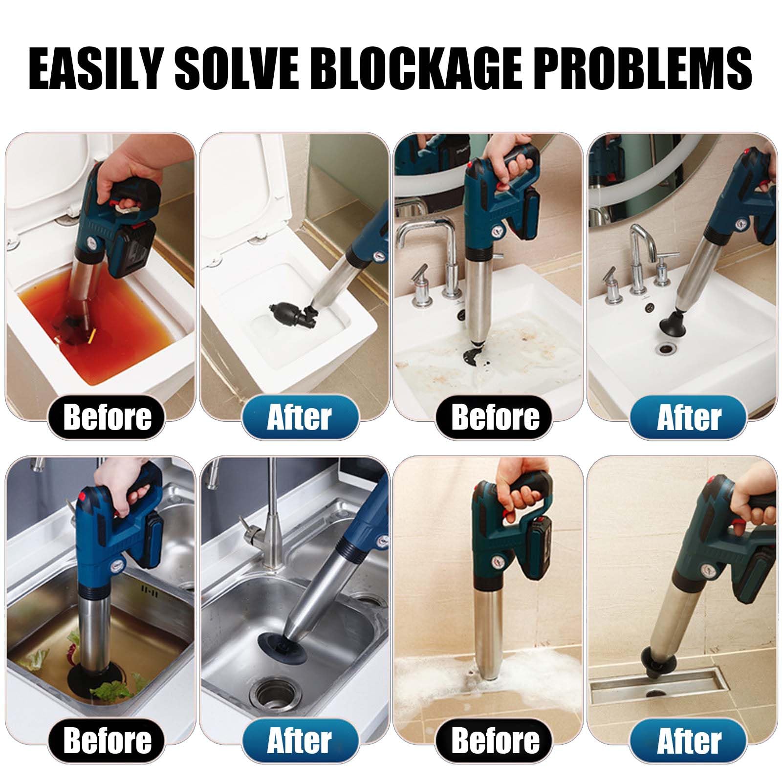 Desatascador Tuberias Eléctrico, Desatascador Fregadero WC Profesional con Indicador de Presión de Aire y 4 Adaptadores de Goma Desatascador de Desagüe para Baño Cocina Inodoro Desagüe de Suelo