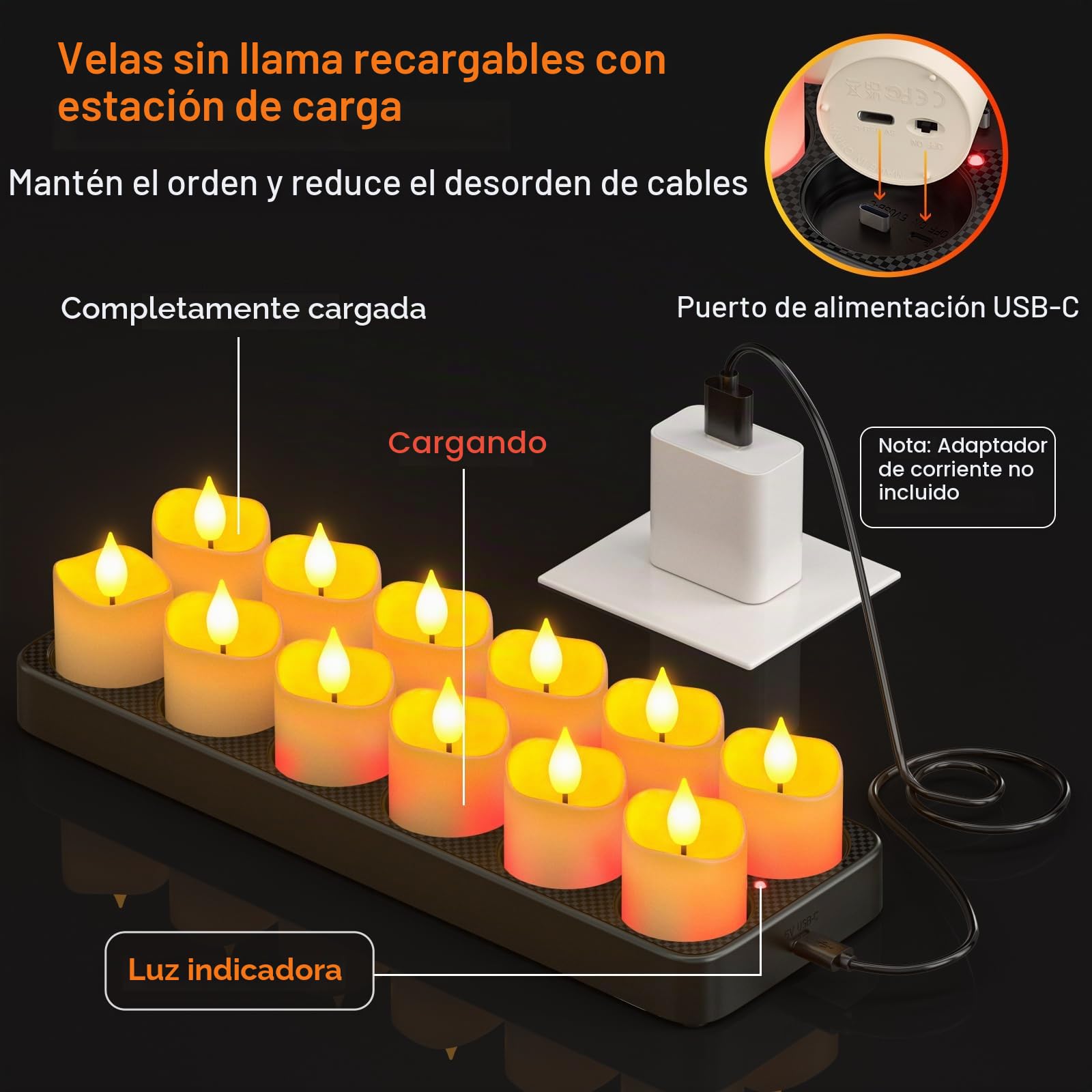 SoulBay 12 Pezzi Velas LED Recargables USB C con Mando a Distancia, Velas LED Pequeñas Efecto llama con Piles Decorativas con Regulable Temporizador para Casa Hogar Mesa Halloween Navidad Decoración