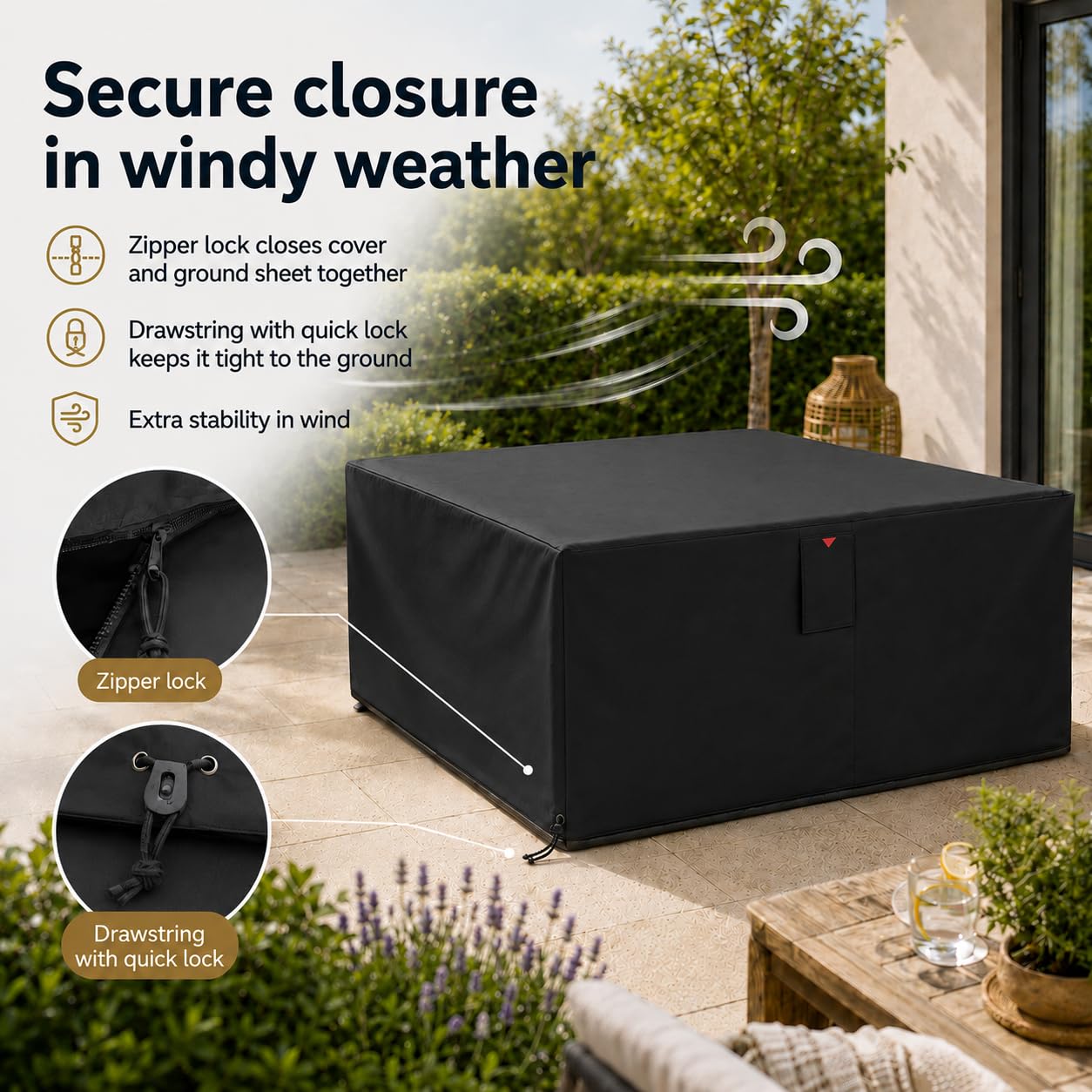 HOME It Garden Housse salon de jardin 235×180×95 cm - Oxford 600D enduit PVC, imperméable, protection UV, 2 aérations, fermeture éclair & cordon, noir