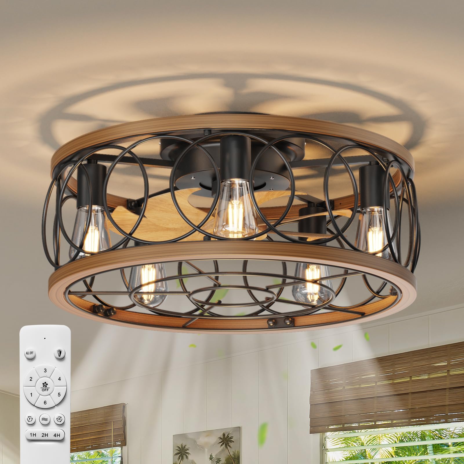 FCTWAKS 20" Caged Ceiling Fans with Lights and Remote, Reversible, 6 Speeds, Flush Mount Low Profile Bladeless Fandelier, Small Farmhouse Industrial Enclosed Ceiling Fan for Bedroom, Kitchen Black