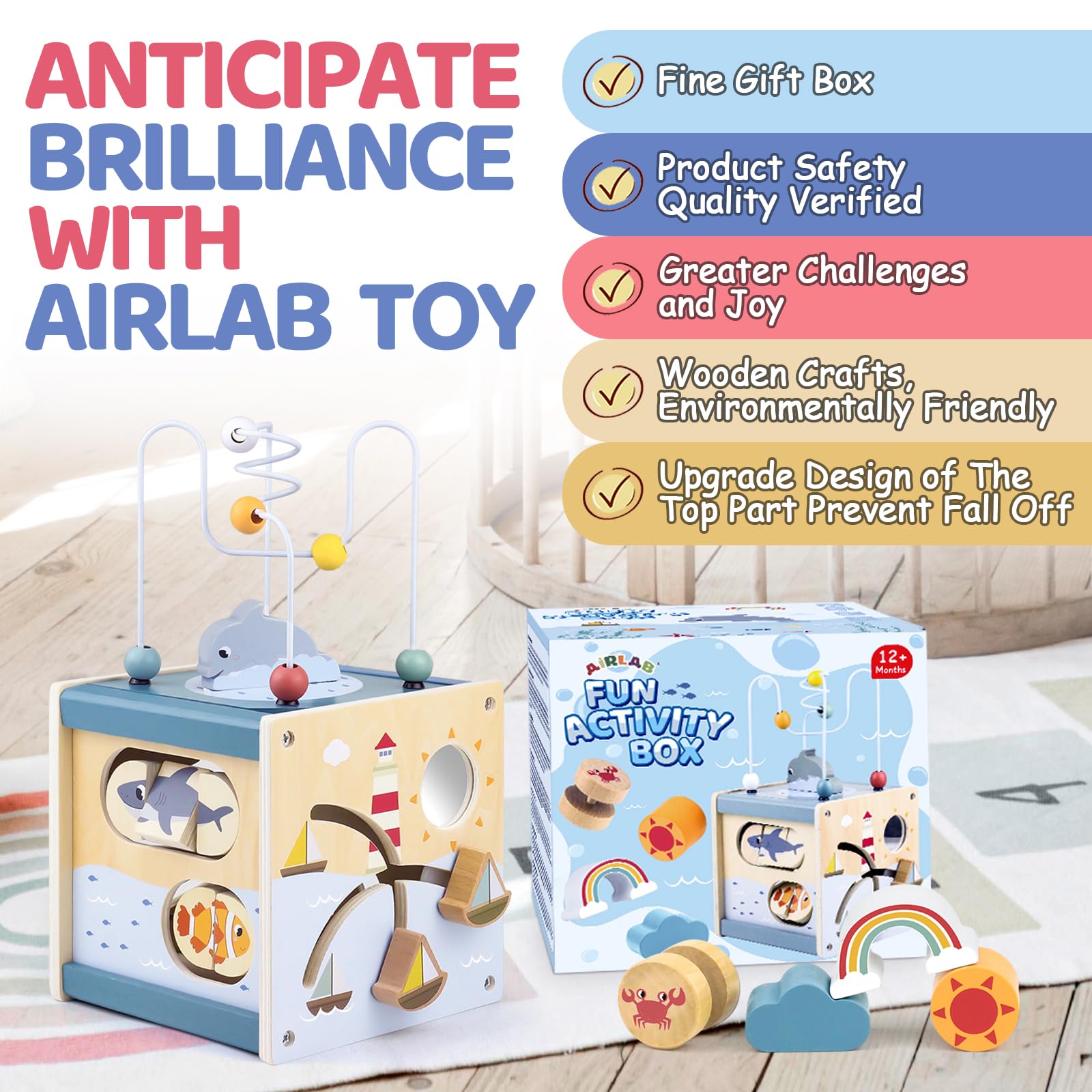 Airlab Cubo Montessori 1 Anno, Giochi Bambini Bambina Bambino 2 3 4 anni, Giochi Legno Bimba Bimbo Educativi Montessori, Labirinti di Perline, Giocattoli Regalo Compleanno Natale Ragazzi Ragazze 1 2 3