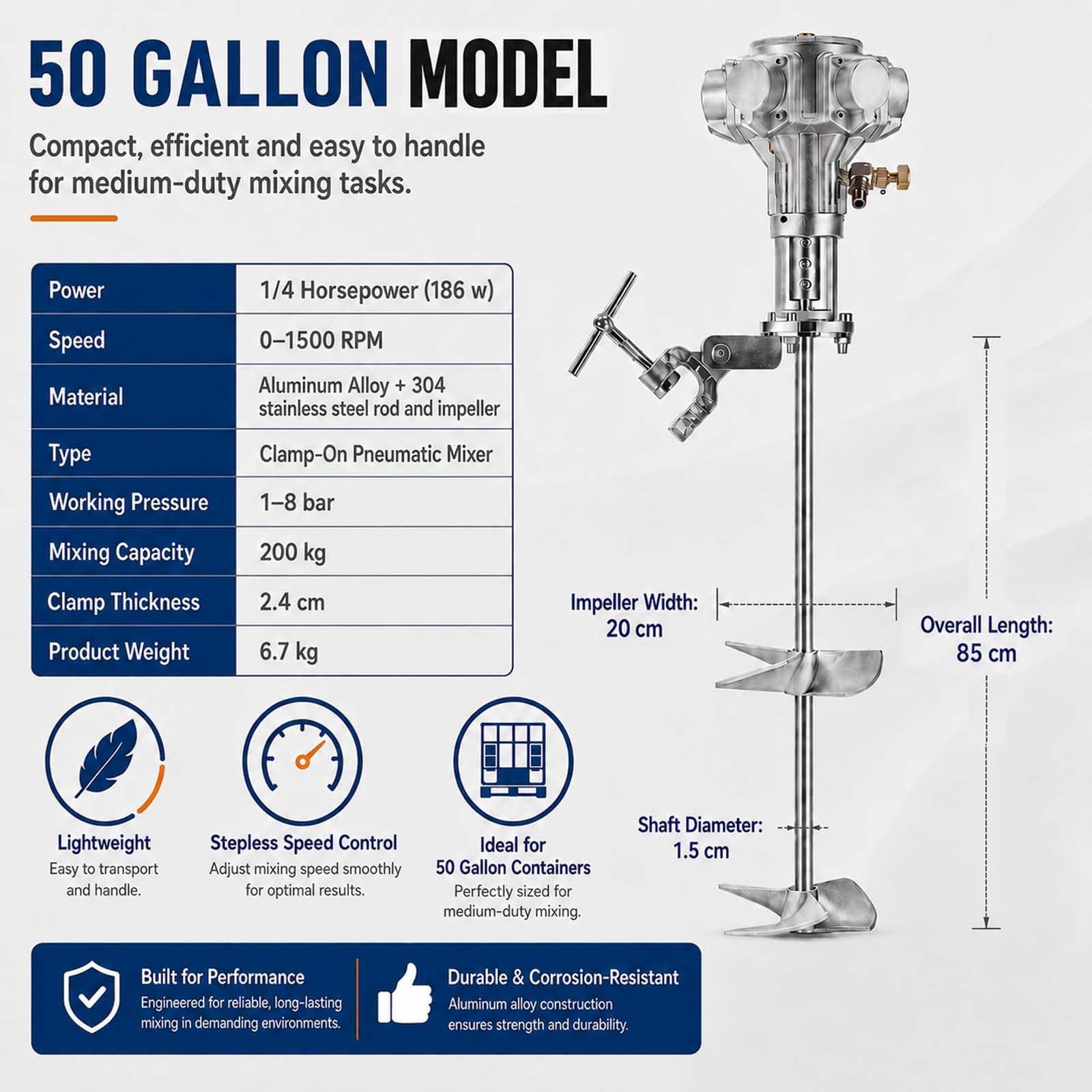 Agitatore Pneumatico per IBC con Morsetto di Bloccaggio e 0–1500 Giri/Min 50-Gallon