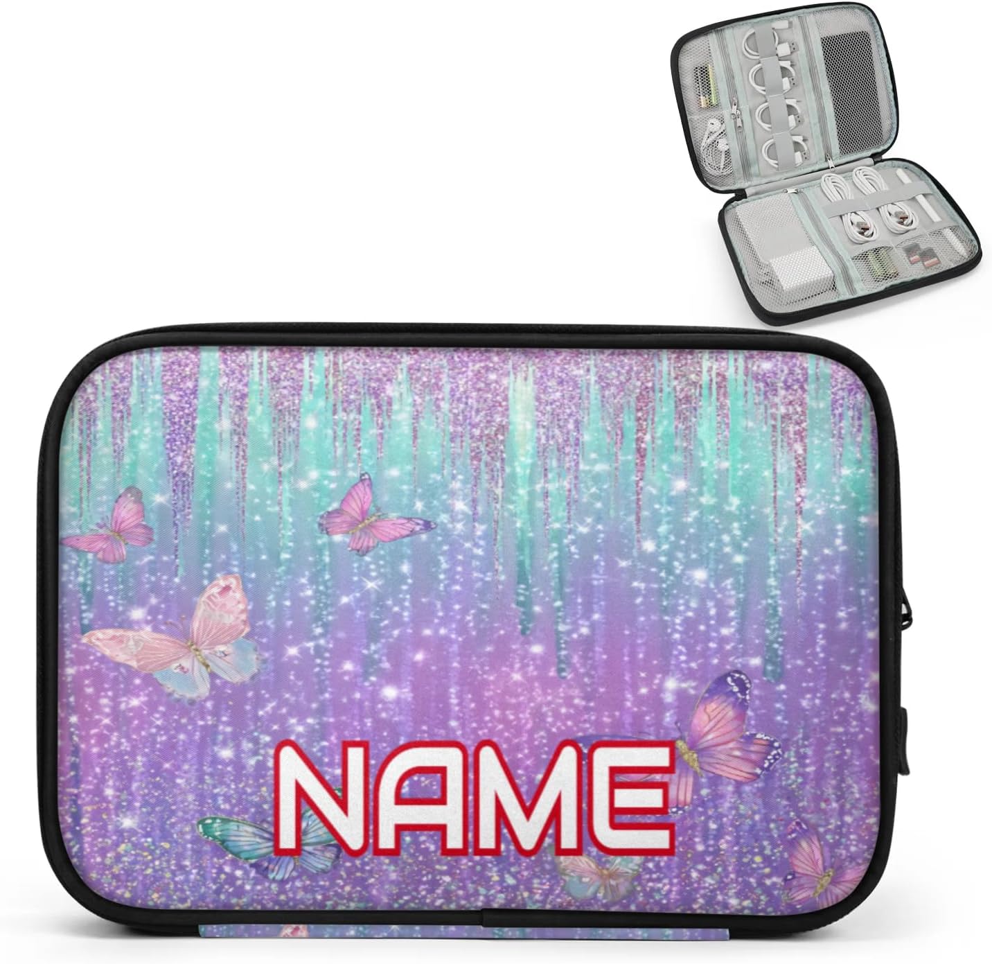 Custom Electronics Organizer Rainbow Glitter Butterfly Travel Cable Pouch Large Tech Accessories Case Waterproof Cord Storage Bag for Power Bank Charger Phone Earphone
