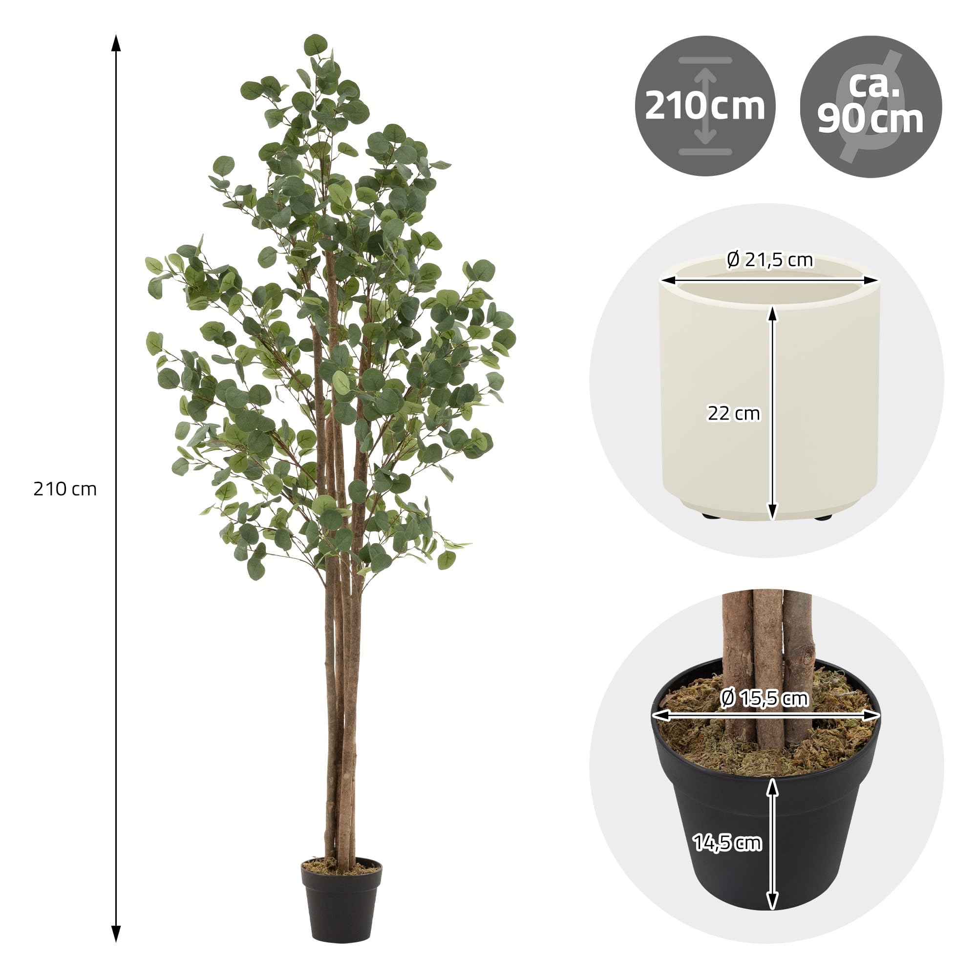 ML-Design sztuczny eukaliptus 210 cm duze rosliny ozdobne z naturalnym drewnianym pniem plastikowe rosliny w doniczce idealna dekoracja do wnetrz i ogrodów realistyczne drzewo do salonu i biura