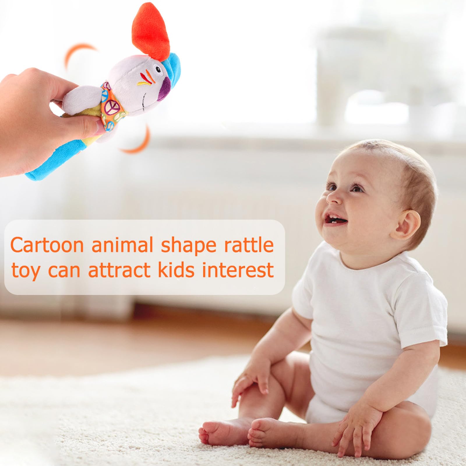 Jouet de Préhension en Peluche pour Bébés Forme D’animal Cartoon Bleu et Orange, Favorise L’exercice Main-œil et Émet un Son en Secouant