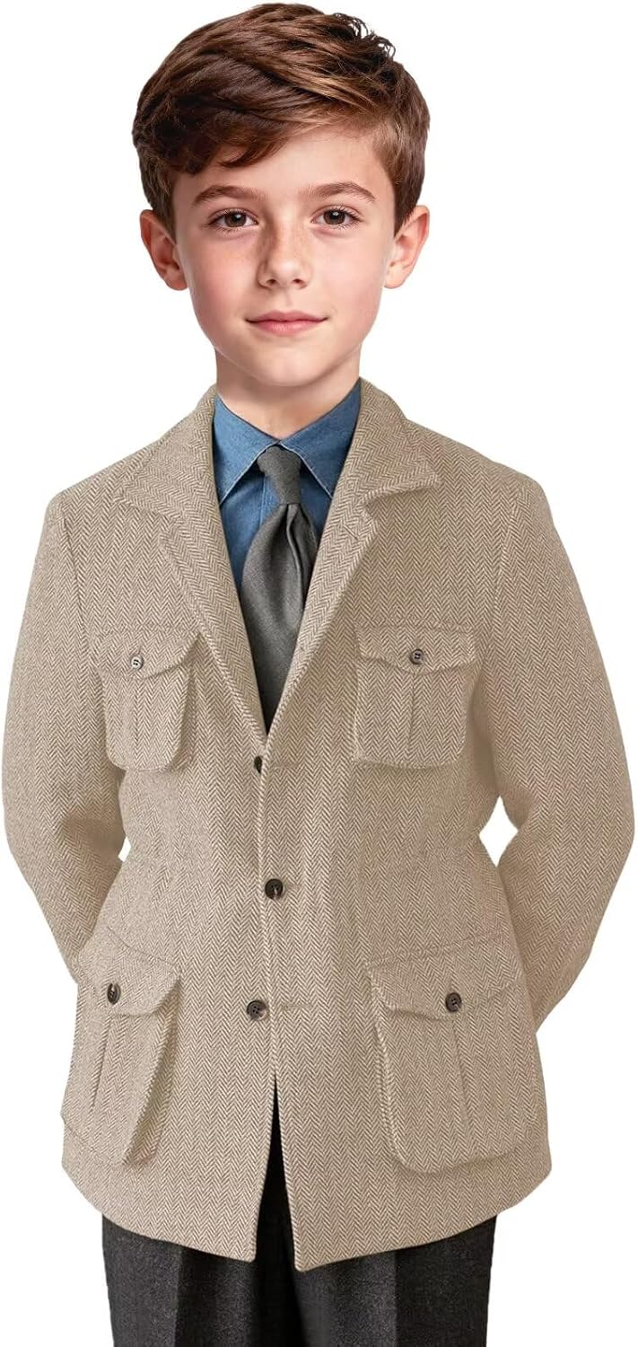 Boys Casual Herringbone Suits Blazer Kids Classic Vintage Tweed Sport Coat with Pockets for Wedding Jacket Tuxedo